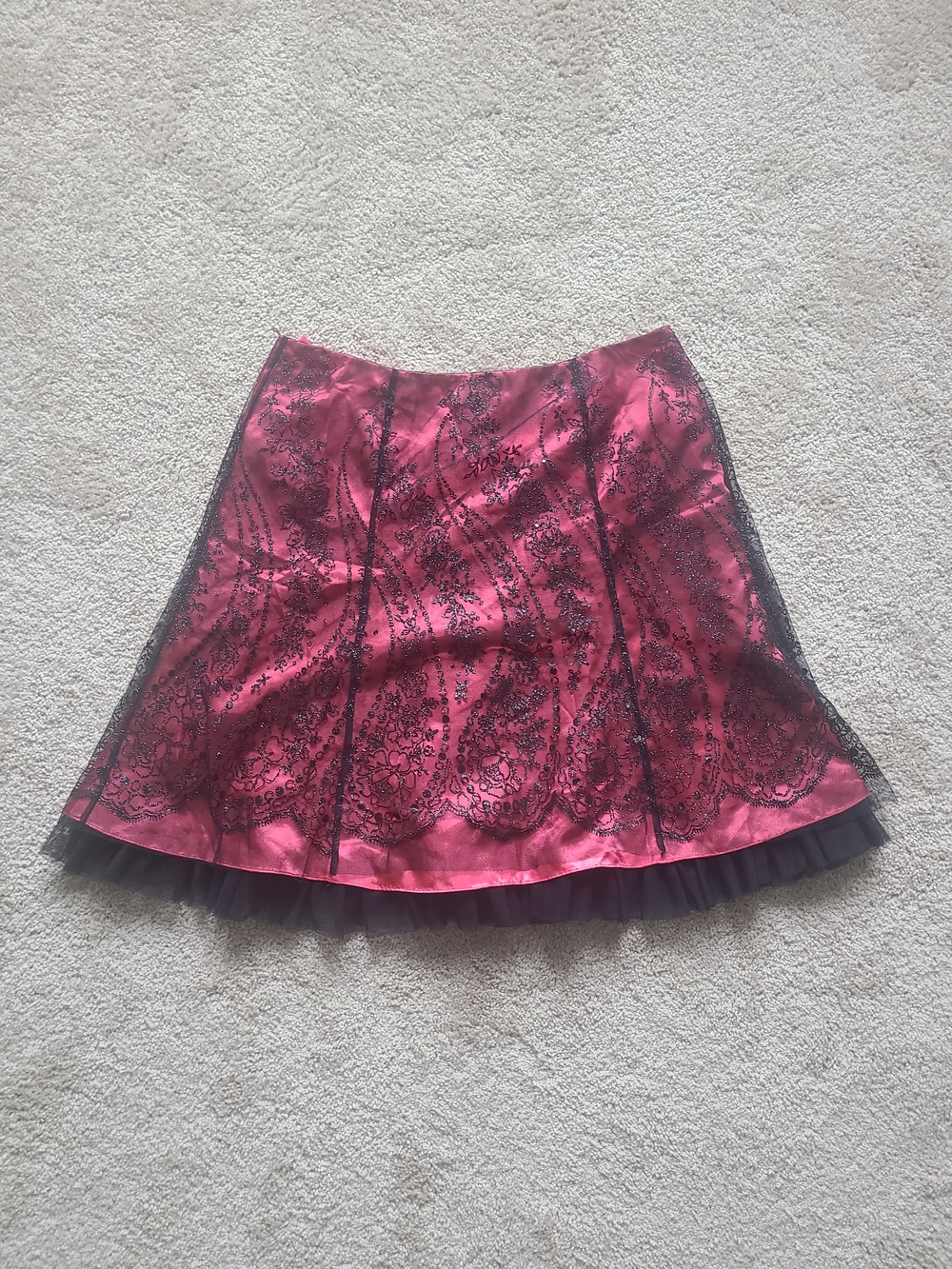 Pink Satin A-Line Skirt with Black Lace Overlay